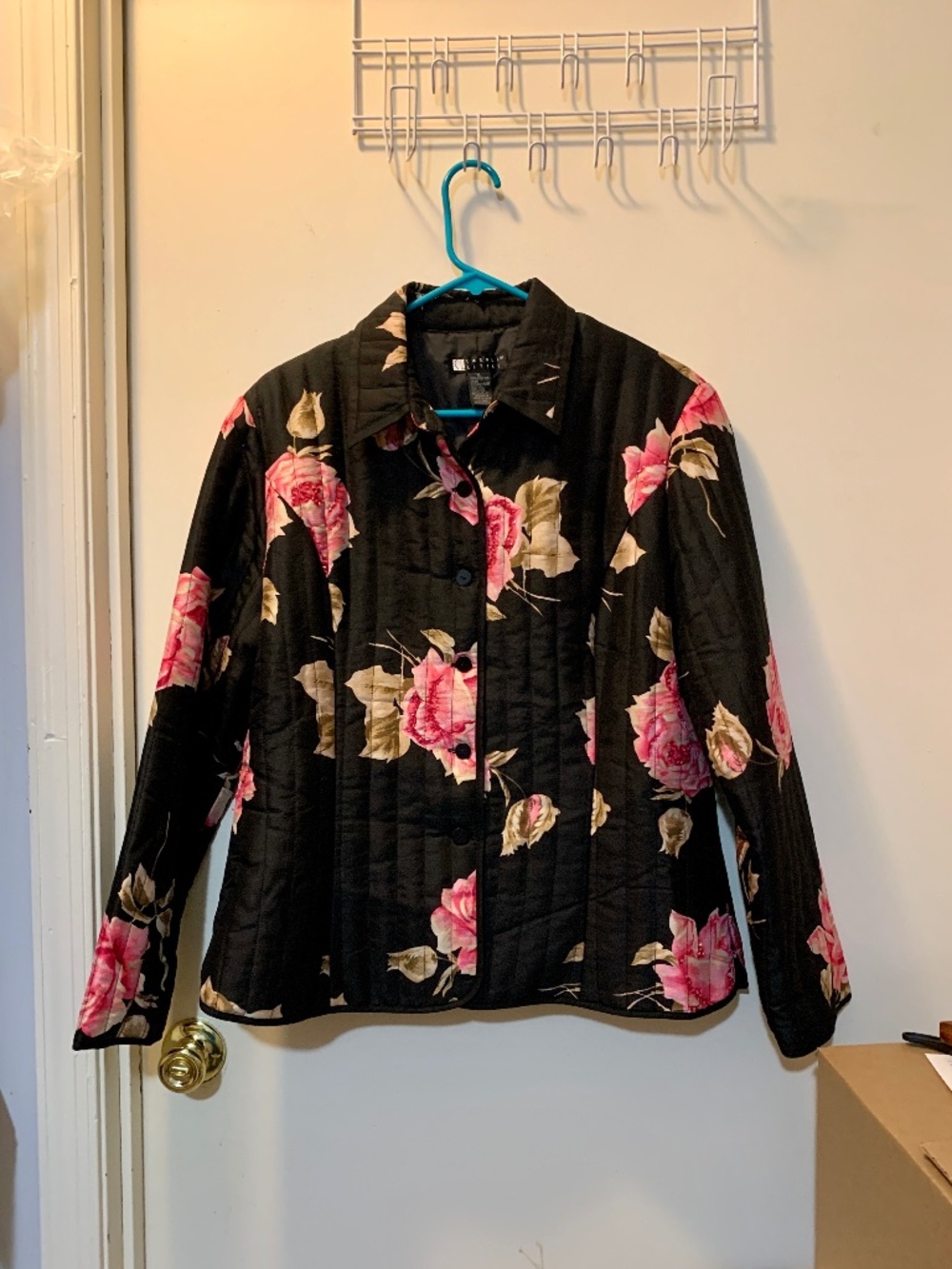Carole Little Black Quilted Silk Beaded Pink Floral Rose Jacket - Size XL